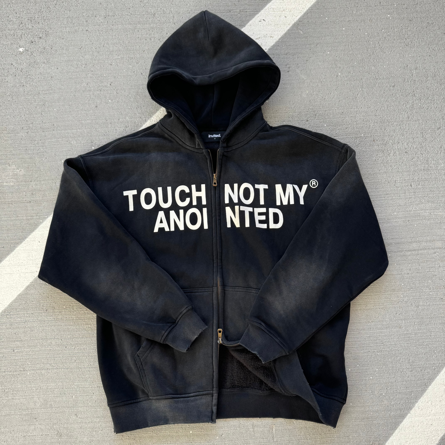 Touch Not My Anointed Zipper Hoodie (Sun-Faded Black)